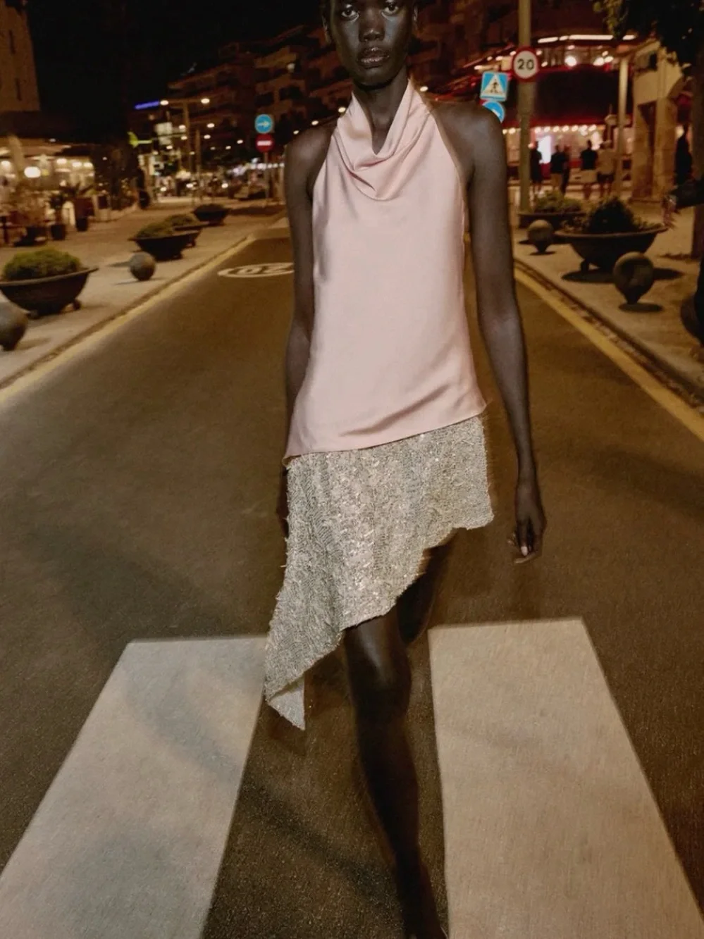 Zara Pink Top with Champagne Asymmetrical Sequin Skirt